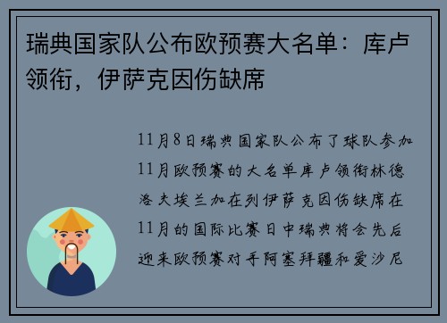 瑞典国家队公布欧预赛大名单：库卢领衔，伊萨克因伤缺席