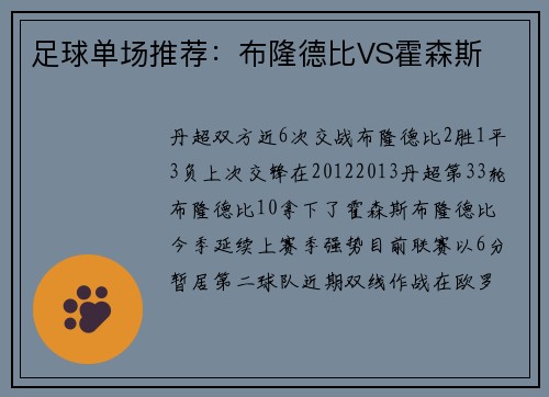 足球单场推荐:布隆德比VS霍森斯
